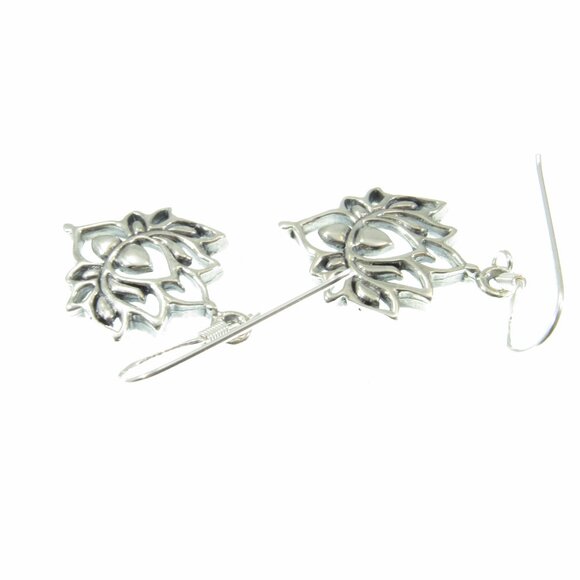 Solid 925 Sterling Silver Lotus Flower Egyptian Bean Drop Dangle Hook Earrings - Picture 8 of 9